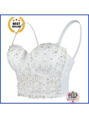 Lace Rhinestone Bustier Crop Top Mesh Corset Push-Up Bra